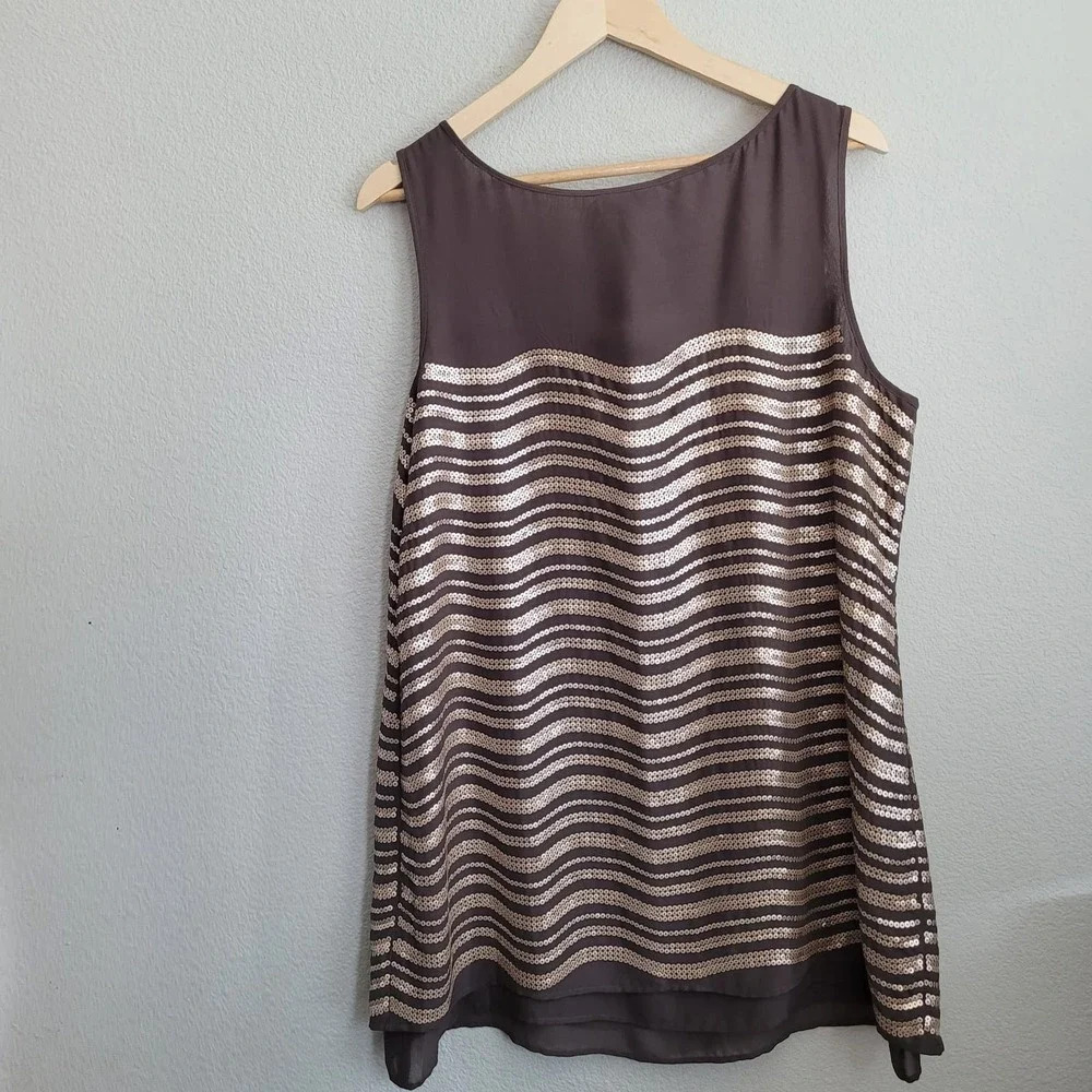 Soft Surroundings Womens Tunic Top XL Brown Sequin Sleeveless Disco Shiny Fun - Picture 2 of 8